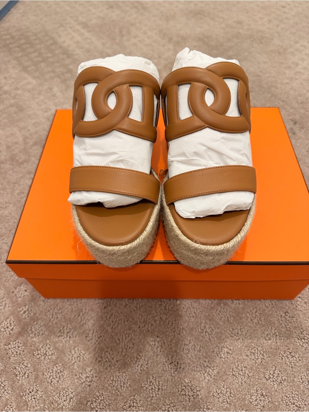 Hermes Brown Leather Espadrille Platform Sandals